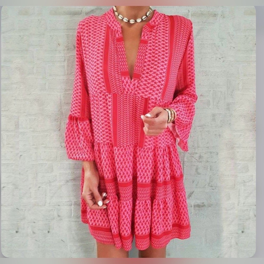 Chic Red Geometric Long Sleeve Dress